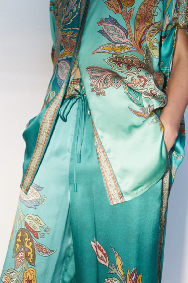 Somewhere Sunny Satin Botanical Print Elastic Waist Pocket Wide Leg Pants-consonak