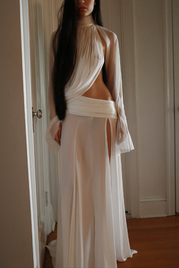 Sexy See-through High-neck Long-sleeved Draped Top and High-waisted Slit Maxi Skirt Vacation Set-Consonak