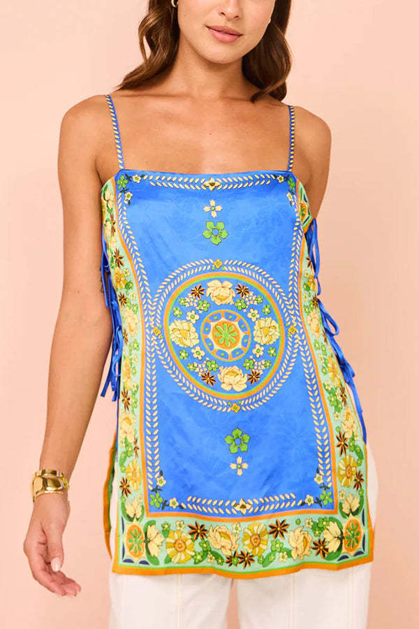 Nara Satin Unique Print Side Lace-up Tank and Elastic Waist Pocketed Wide Leg Pants Set-consonak