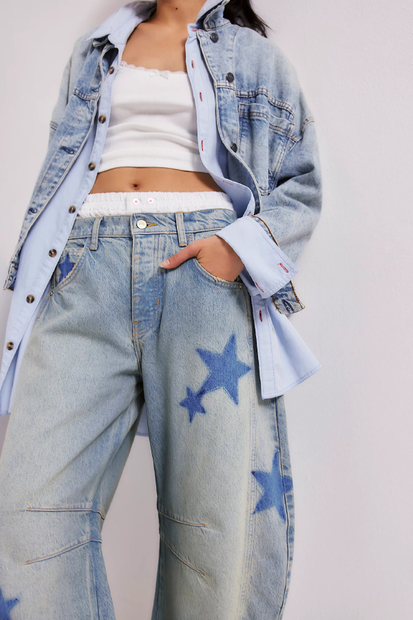Fashionable Printed Casual Loose Mid-rise Pocket Leg Jeans