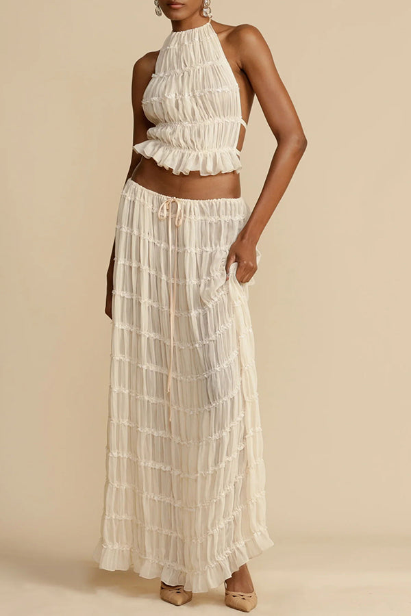 Versatile retro charm pleated drawstring waistline long skirt set | Consonak