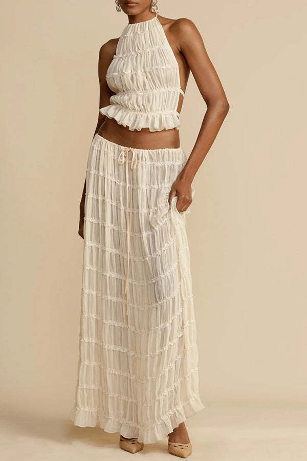Versatility and Vintage Charm Pleated Drawstring Waist Tiered Maxi Skirt-consonak