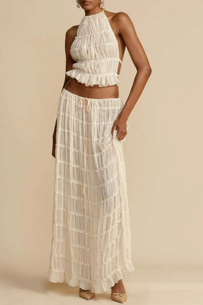 Versatility and Vintage Charm Pleated Drawstring Waist Tiered Maxi Skirt-consonak