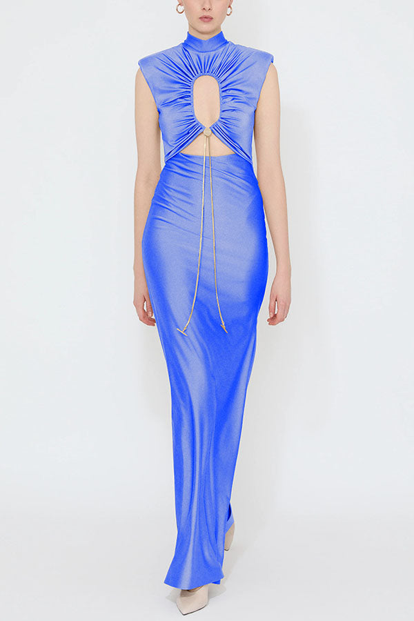 Genis Hollow Elastic Bust High Neck Sleeveless Gathered Maxi Dress-consonak