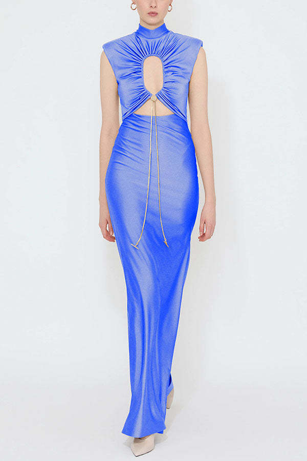 Genis Hollow Elastic Bust High Neck Sleeveless Gathered Maxi Dress-consonak