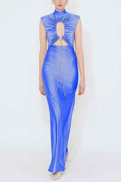 Genis Hollow Elastic Bust High Neck Sleeveless Gathered Maxi Dress-consonak