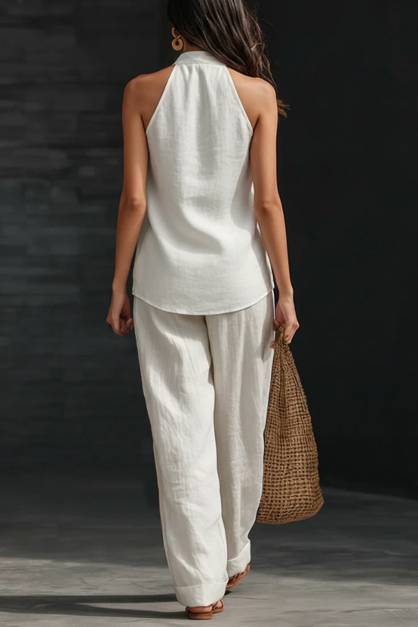 Linen Blend Solid Color V-neck Sleeveless Loose Top and Elastic Waist Casual Pocket Pants Set-Consonak