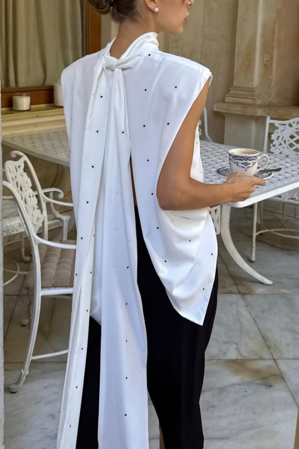 Polka Dot Print Open Backless Stand Collar Sleeveless Ribbon Top