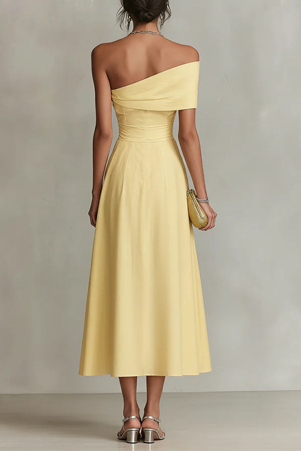 Chic One-Shoulder A-Line Midi Dress with Pockets-Consonak