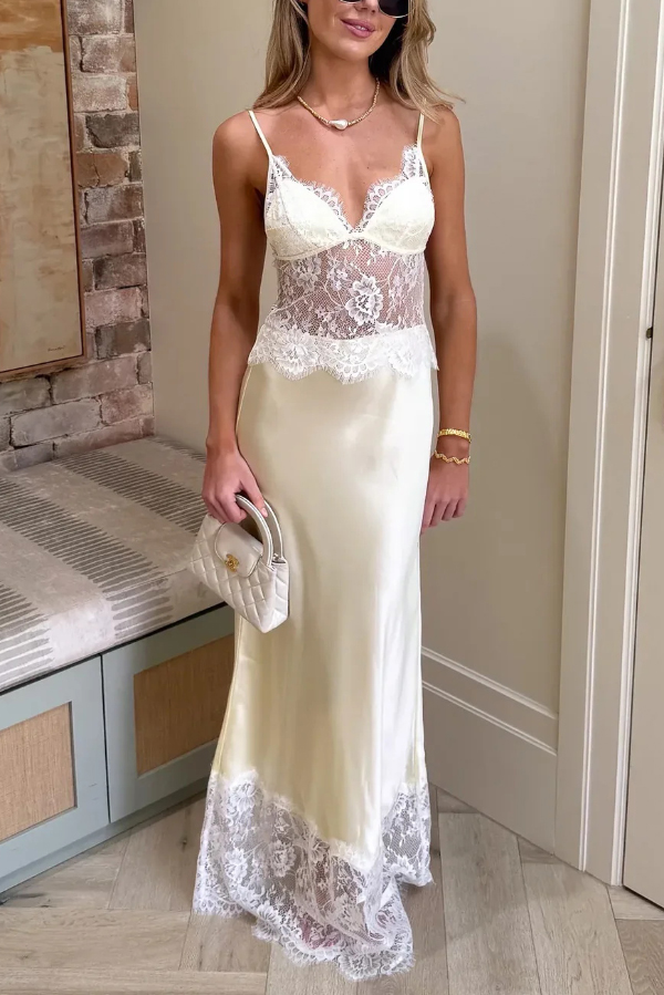 Fashionable Satin Lace Patchwork Sheer V-neck Elegant Slim-fit Maxi Dress | Consonak