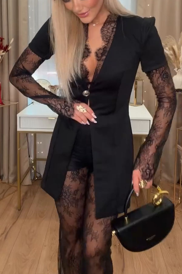 Margot Lace Patchwork Single-button Long Blazer and Lace Elastic Waist Flared Pants Set-consonak