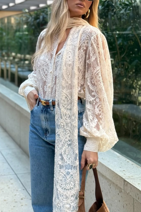 Solid Color Sheer Lace Elegant Ribbon Long-sleeved Shirt