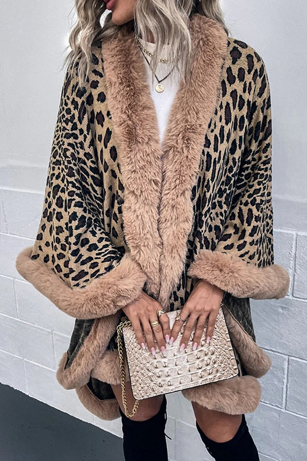 Leopard Print Fashionable Raw Edge Shawl Cape Cardigan-consonak