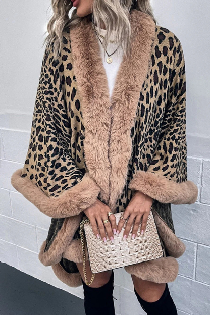 Leopard Print Fashionable Raw Edge Shawl Cape Cardigan-consonak