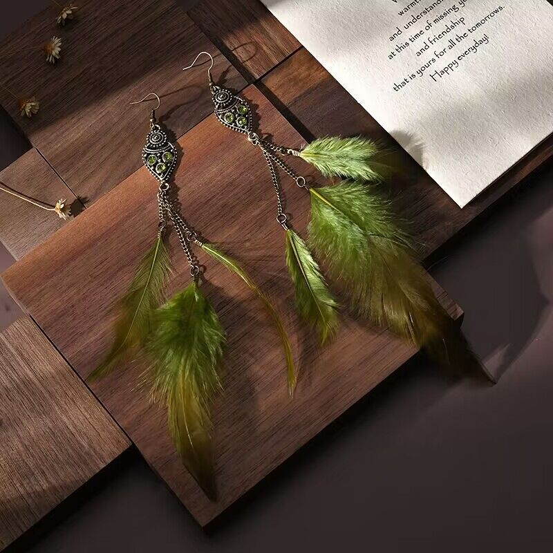 Vintage chain tassel bohemian feather earrings-consonak