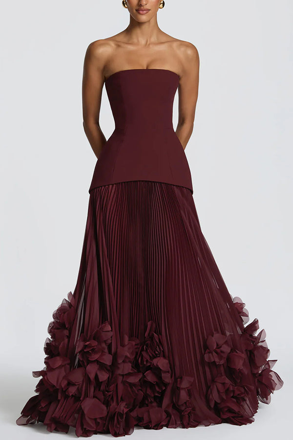 Serafina Strapless Back Lace-up Handcrafted Floral Appliqués Pleated Hem Gown Maxi Dress-Consonak