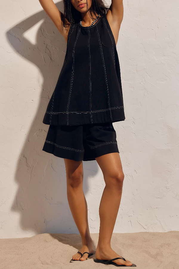Stylish Loose-fitting Round Neck Sleeveless Top and Casual Pocket Shorts Denim Set | Consonak