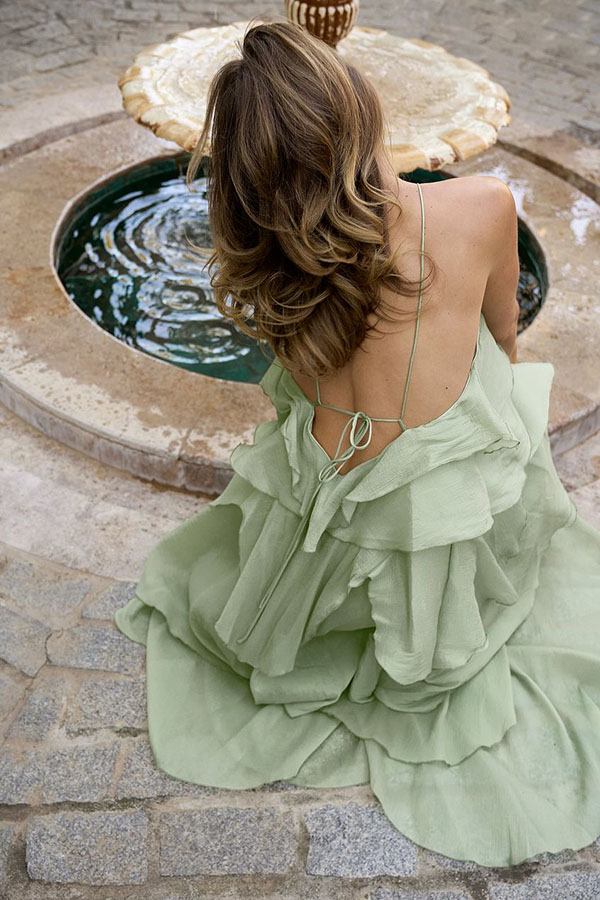Romantic Summer Chiffon Tiered Ruffle Deep V-Back Halter A-line Maxi Design | Consonak