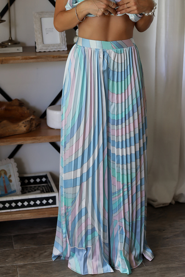 Luna Unique Print Pearls Halter Irregular Tank and Pleated High Rise Wide Leg Pants Set