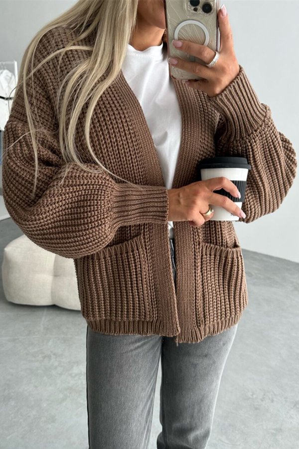 Solid Color V-neck Long-sleeved Casual Knitted Cardigan-consonak