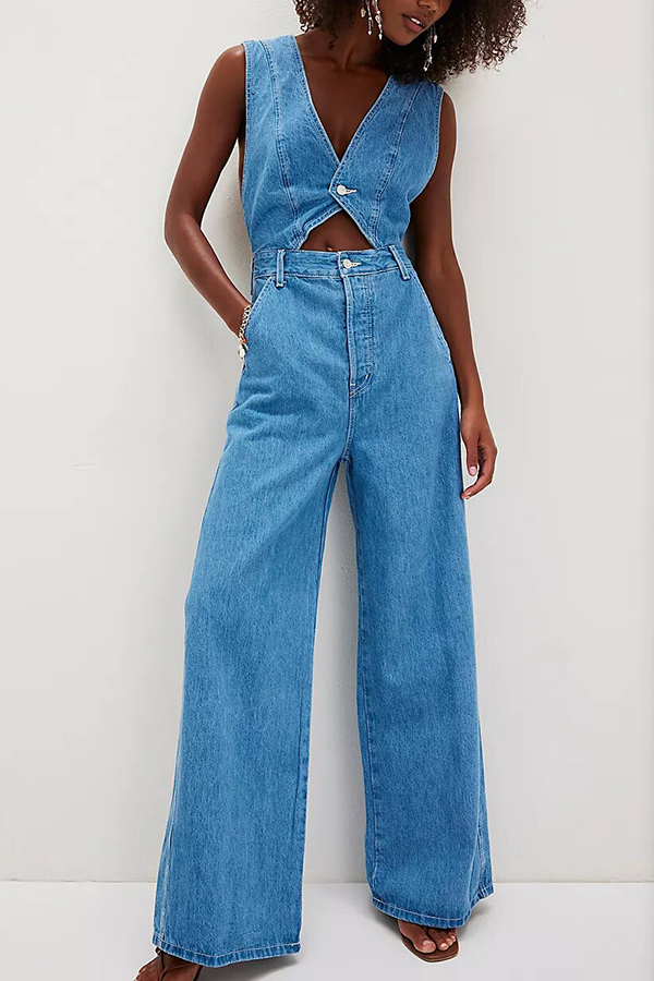 Bold Design Denim Vest-inspired Bodice Crisscross Strap Pocket Loose Jumpsuit | Consonak