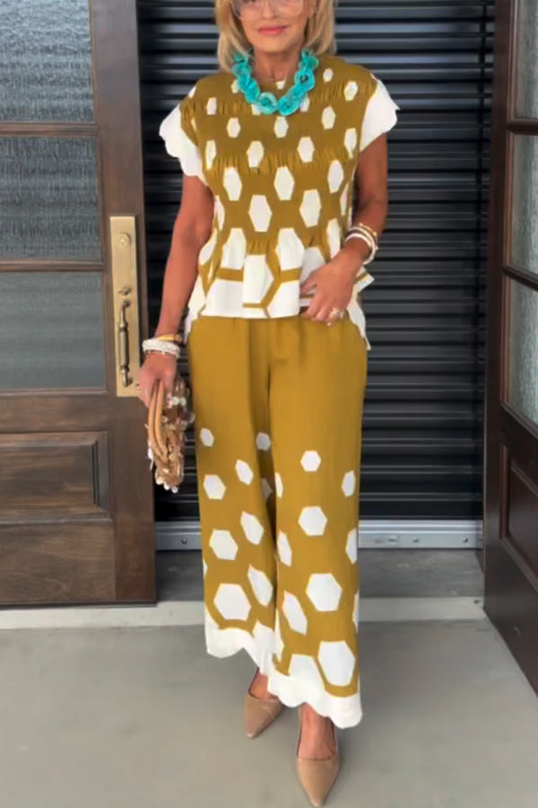 Tied To Charm Polka Dot Smocked Short Sleeve Top And Elastic Waist Pocket Loose Pants Set