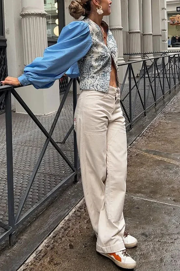 Botanical Print V-neck Patchwork Long-sleeved Top-consonak