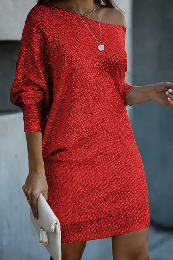 Solid Sequined Off-shoulder Loose Mini Dress-consonak