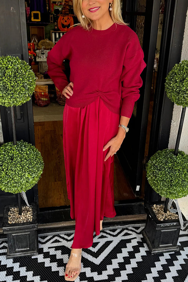 Practical Fashion Knit Ruched Sweater and Satin Stretch Tank Midi Dress Two-piece Set | Consonak