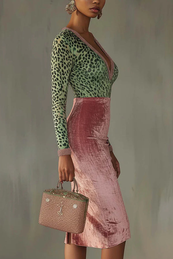 Fashionable Velvet Patchwork Stretch Slim Midi Dress-consonak