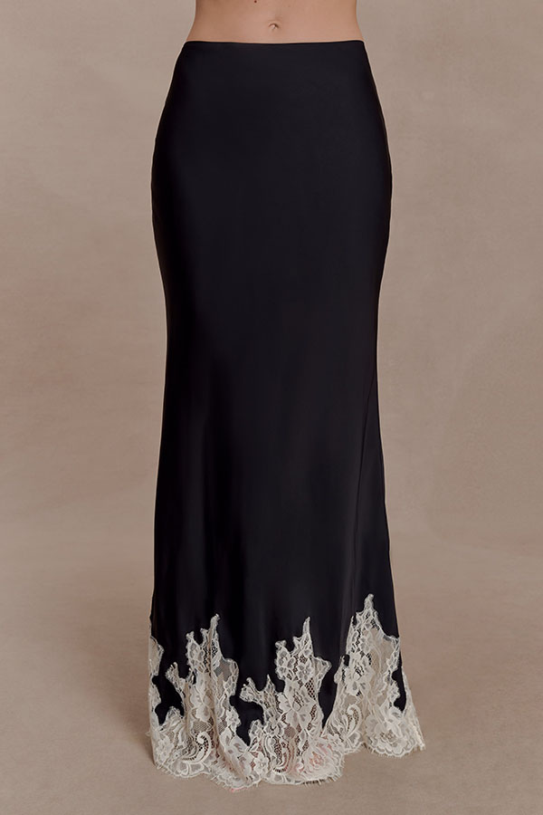 Nina Satin Lace Detail Mid Rise Flare Drape Maxi Skirt-consonak
