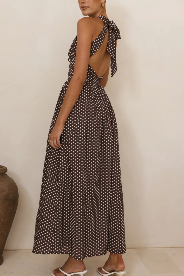 Polka Dot Print Halter Neck Fitted Waist Holiday Maxi Dress-consonak