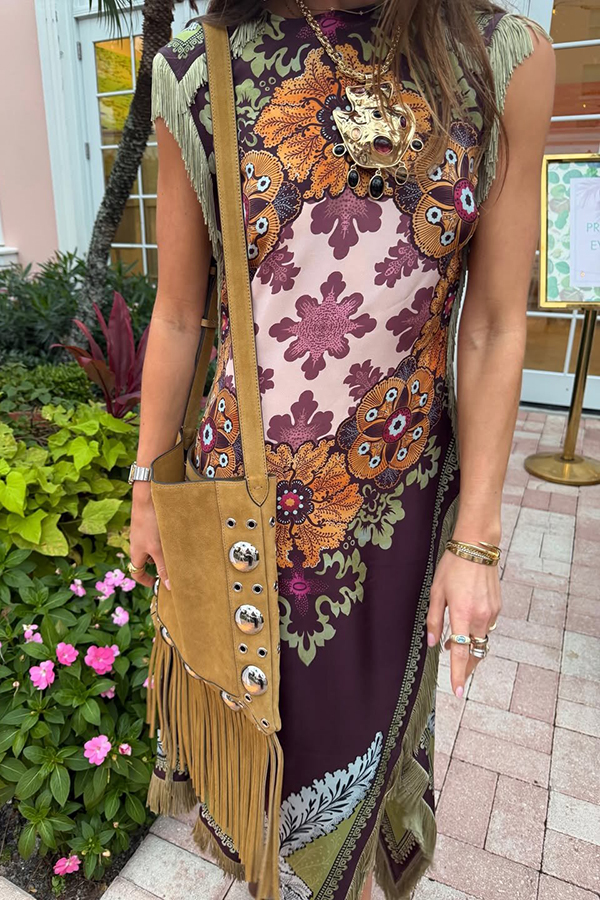Bohemian Style Floral Print Tassel Trim Irregular Hem Slit Scarf Midi Dress | Consonak