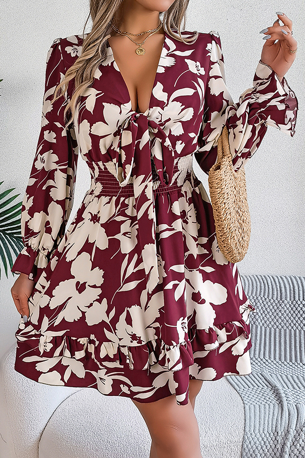 Floral Print V-neck Lace-up Long-sleeve Elastic Waist Mini Dress-consonak