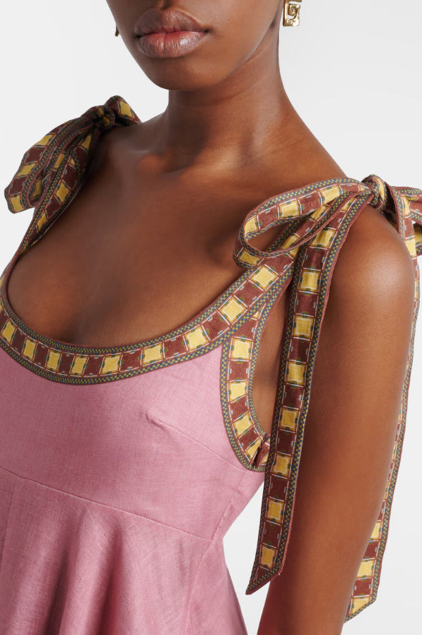 Linen Blend Unique Printed Tie-up Suspenders Pocket Elegant  Vacation Maxi Dress