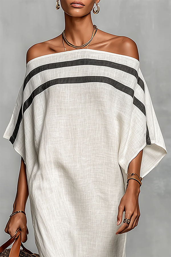 Bella Linen Blend Striped Print Off Shoulder Half Wide Sleeve Loose Maxi Dress-consonak