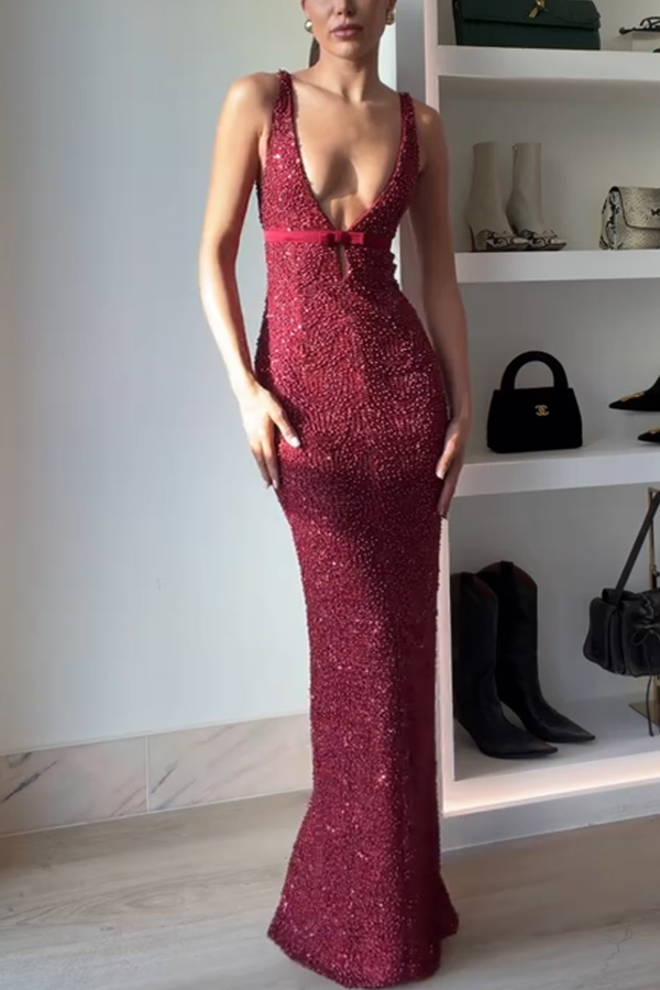 Festival Shines Sequin Beaded Mesh Bow Cutout Detail Slit Maxi Dress-consonak