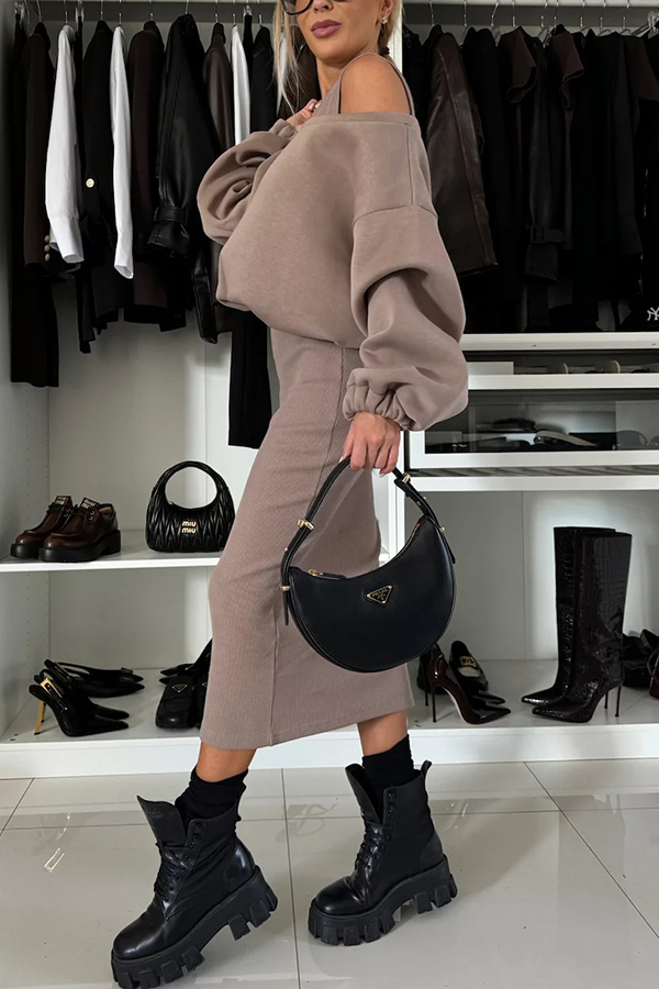 Lifestyle Wide Neck Relaxed Sweatshirt and Ribbed Tank Stretch Midi Dress Set-consonak