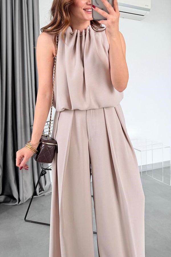 Macie Pleated High Neck Sleeveless Top and High Rise Pocket Wide Leg Pants Set