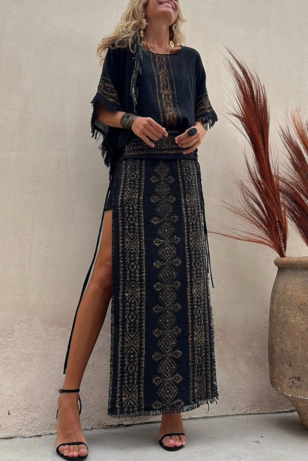 Alana Linen Blend Ethnic Print Patchwork Side Lace-up Maxi Skirt-consonak