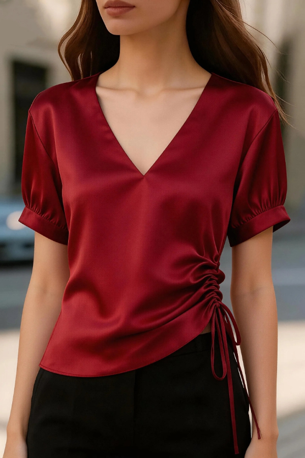 Solid Color Satin V-neck Short-sleeved Side Waist Ruching Casual Top | Consonak
