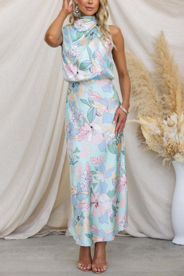 Love In The Garden Floral Halter Neck Elastic Waist Party Maxi Dress-consonak