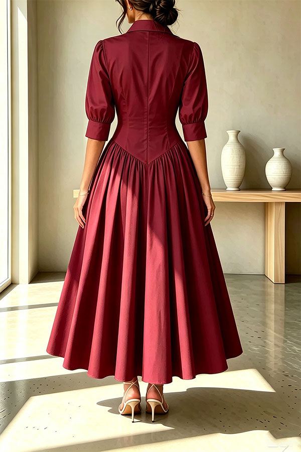 Elegant Linen Blend High Waisted Button Front Detail Pocket Shirt Umbrella Maxi Dress-Consonak