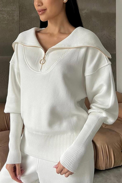 Solid Color Long-sleeved Zip-up Sweatshirt and Elastic Waist Loose Pocket Pants Set-consonak