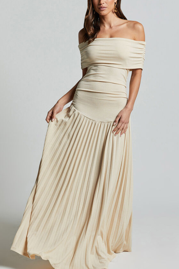 Sexy Off-shoulder Slim Fit Pleated Maxi Dress-consonak