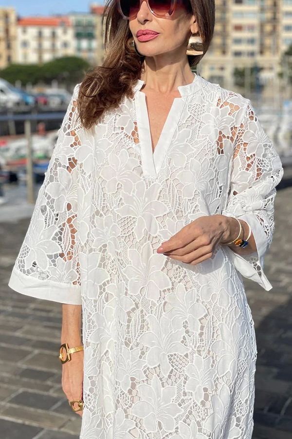 Confidence and Adventure Flower Lace V-neck Bell Sleeve Loose Midi Dress-consonak