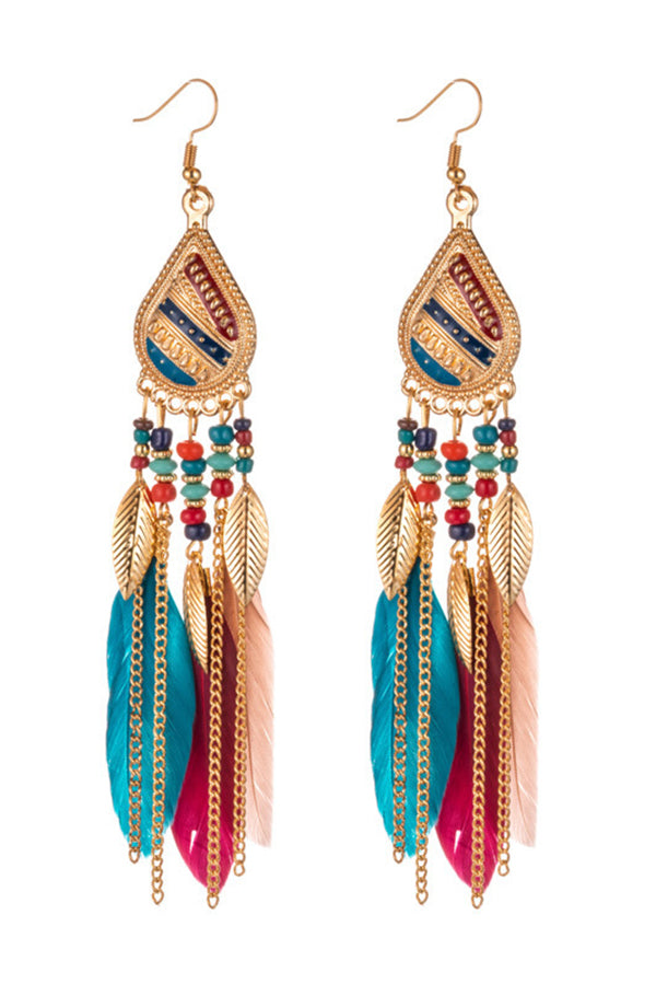 Boho Vintage Colorful Feather Tassel Dangle Drop Earrings-consonak