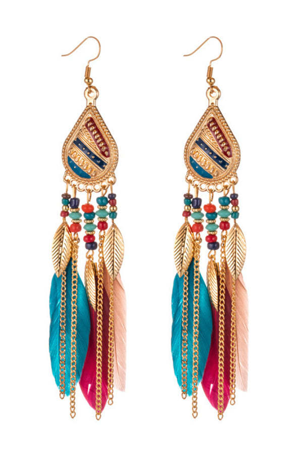 Boho Vintage Colorful Feather Tassel Dangle Drop Earrings-consonak
