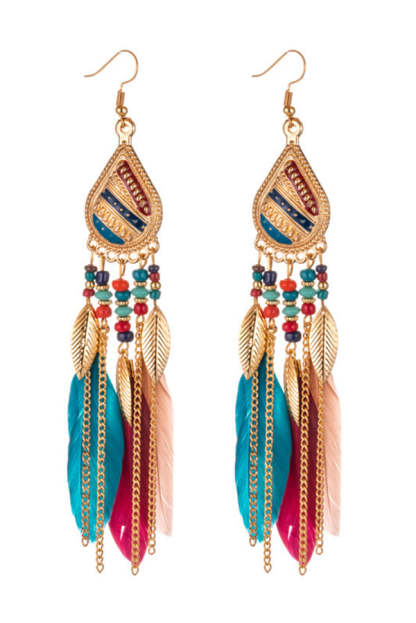 Boho Vintage Colorful Feather Tassel Dangle Drop Earrings-consonak