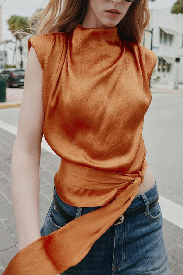 L'Aura Padded-Shoulder Wrap-Around Satin Top-Consonak